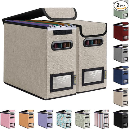 BALEINE File Organizer Box with Lid, Collapsible File Folder Organizer with Plastic Slide, Hanging File Folder Box for Office Document Storage (2 Pack, Beige, S)