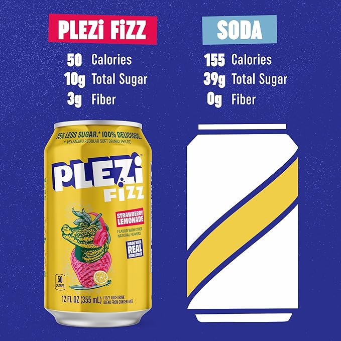 PLEZi FiZZ Strawberry Lemonade Sparkling Juice - Healthy Soda Alternative with Real Fruit Juice, No Added Sugar - Low Sugar Sparkling Drink - Good Source of Fiber, 12 Fl Oz (12 Pack)
