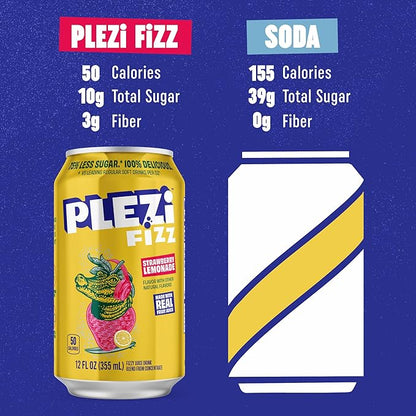 PLEZi FiZZ Strawberry Lemonade Sparkling Juice - Healthy Soda Alternative with Real Fruit Juice, No Added Sugar - Low Sugar Sparkling Drink - Good Source of Fiber, 12 Fl Oz (12 Pack)