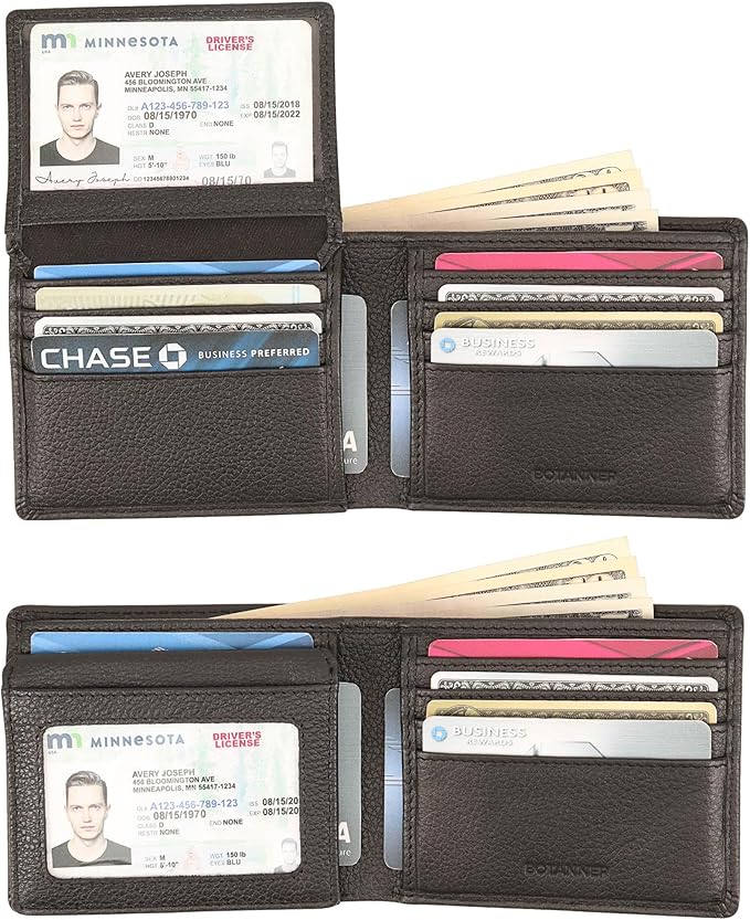Genuine Leather Men's Flip ID Wallet RFID Blocking with 8 Credit Card Slots 2 ID Windows 3 Hidden Pockets 2 Sections for Notes | Pebble Black