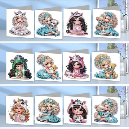 jinglinhh 12pcs Diamond Art Painting Little Girl Bear Greeting Cards with Envelopes, DIY Card Making Kits for Adults, Diamond Art Postcards Christmas Cards Craft Gifts