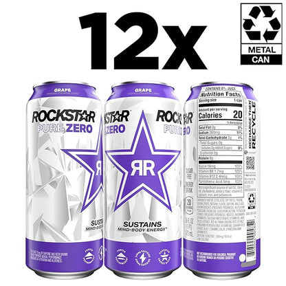 Rockstar Pure Zero Energy Drink, Grape, 0 Sugar, with Caffeine and Taurine, 16oz Cans (12 Pack) (Packaging May Vary)