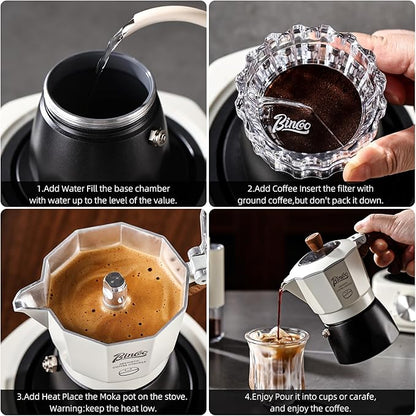 Bincoo Espresso Maker Stovetop - 2 Cup/120ML Small Stove Top Espresso Italian Coffee Maker, Camping Moka Pot (White-black)