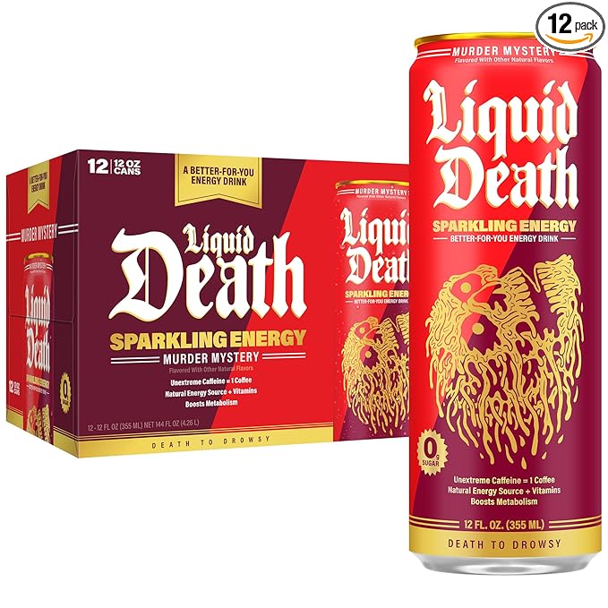 Liquid Death Murder Mystery, Cherry and Spice-Flavored Sparkling Energy, Sugar-Free Energy Drink, 100mg Caffeine, 12 Fl Oz (Pack of 12)