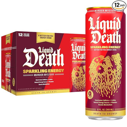 Liquid Death Murder Mystery, Cherry and Spice-Flavored Sparkling Energy, Sugar-Free Energy Drink, 100mg Caffeine, 12 Fl Oz (Pack of 12)