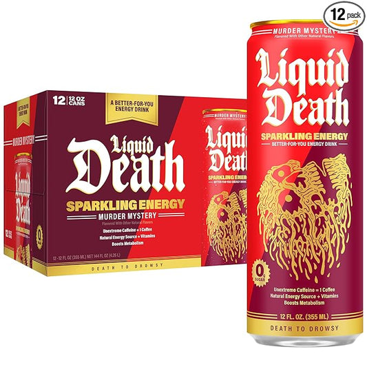Liquid Death Murder Mystery, Cherry and Spice-Flavored Sparkling Energy, Sugar-Free Energy Drink, 100mg Caffeine, 12 Fl Oz (Pack of 12)