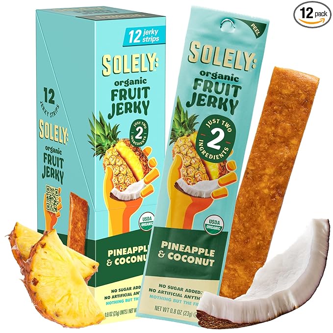 SOLELY - Organic Pineapple Coconut Fruit Jerky - 12 Individually Wrapped Strips - Fruit Leather Made from Dried Fruit - Healthy Snacks for Adults & Kids - Non GMO, Vegan Snacks - 0.8oz (23g)