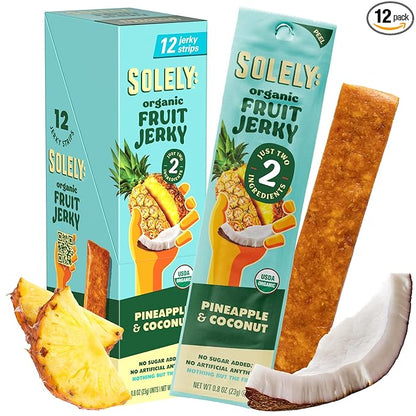 SOLELY - Organic Pineapple Coconut Fruit Jerky - 12 Individually Wrapped Strips - Fruit Leather Made from Dried Fruit - Healthy Snacks for Adults & Kids - Non GMO, Vegan Snacks - 0.8oz (23g)