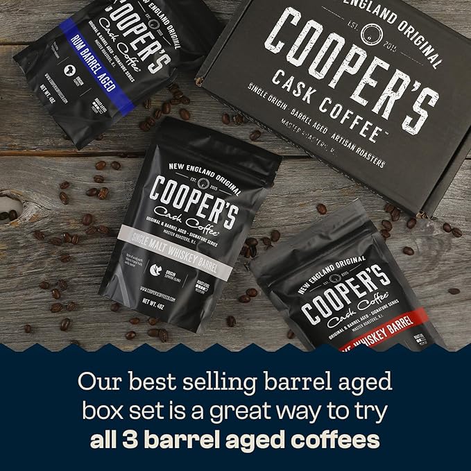 Bourbon Barrel Aged Coffee Whole Bean Set, Single Origin Sumatra Whiskey, Ethiopian Rye, Rwanda Rum Roasted Coffee Beans (Whole Bean, 4 Ounce (Pack of 3))