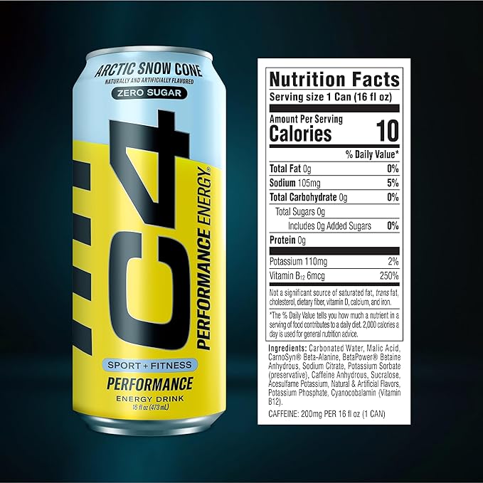 Cellucor C4 Carbonated Zero Sugar Energy Pre Workout Drink + Beta Alanine, (NEW) Sparkling Arctic Snow Cone, 16 Fl Oz, Pack of 12