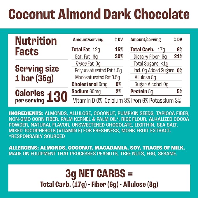 Munk Pack Coconut Almond Dark Chocolate Nut & Seed Snack Bars Stocking Stuffers | 3g Protein, 1g Sugar, 3g Net Carbs | Keto Friendly, Plant-Based, Low Sugar, Gluten-Free Snacks | 12 Count (4.92 oz)