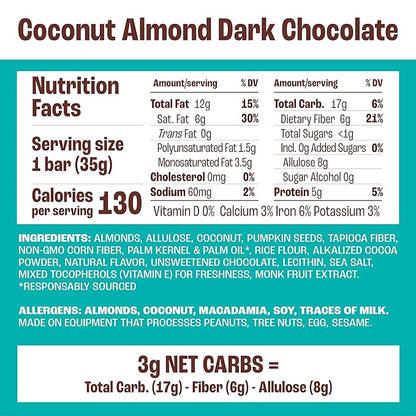 Munk Pack Coconut Almond Dark Chocolate Nut & Seed Snack Bars Stocking Stuffers | 3g Protein, 1g Sugar, 3g Net Carbs | Keto Friendly, Plant-Based, Low Sugar, Gluten-Free Snacks | 12 Count (4.92 oz)