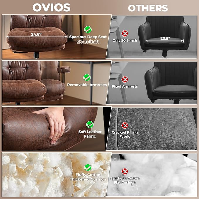 ovios Home Office Chair, Mid-Century Modern Faux PU Leather Chairs with Lumbar Support Comfy Thick Cushion, High Back Ergonomic Swivel Rolling Executive Armchair (Dark Brown, Suede Leather)