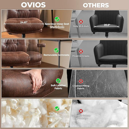 ovios Home Office Chair, Mid-Century Modern Faux PU Leather Chairs with Lumbar Support Comfy Thick Cushion, High Back Ergonomic Swivel Rolling Executive Armchair (Dark Brown, Suede Leather)