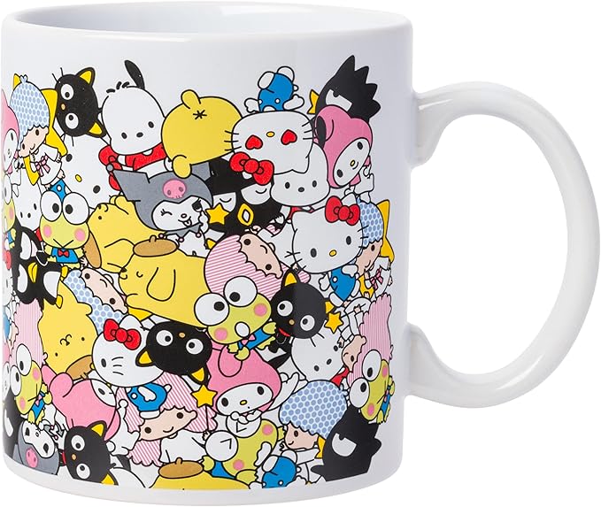 Silver Buffalo Sanrio Hello Kitty and Friends Featuring Badtz-Maru, Keroppi, My Melody, Pochacco, Chococat, Pompompurin, and Little Twin Stars Ceramic Mug, 20 Ounces