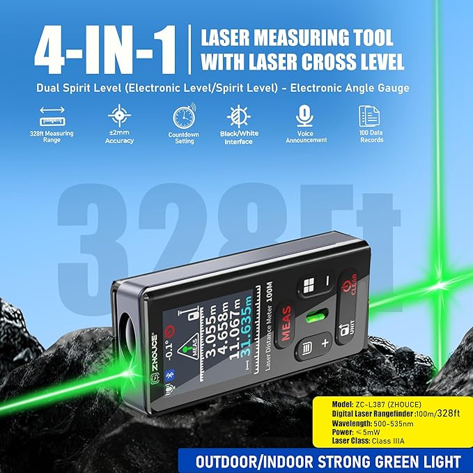 Laser Measuring Tool 328 Ft Dual Green Laser Rangefinder Green Crosshair Laser Measuring Tool Backlit LCD Display Rechargeable Laser Rangefinder/Length/Volume/Area/Voice (m/Ft/in) ZC-L387 ZHOUCE