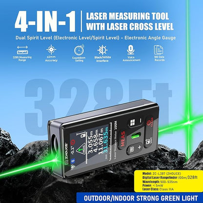 Laser Measuring Tool 328 Ft Dual Green Laser Rangefinder Green Crosshair Laser Measuring Tool Backlit LCD Display Rechargeable Laser Rangefinder/Length/Volume/Area/Voice (m/Ft/in) ZC-L387 ZHOUCE