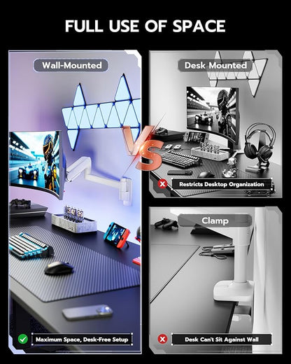 ARES WING Monitor Wall Mount for 24-57 Inch Ultrawide Gaming Screens, Premium Heavy Duty Monitor Arm Holds 60 lbs, Full Motion Gas Spring, Bearing Head for Easy Adjustment, 75/100 VESA Mount, White