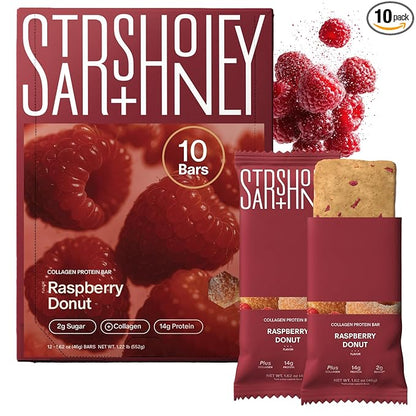 Stars + Honey Protein Bars - The Raspberry Donut, 15g Protein, 2g Sugar, w/Collagen Keto Friendly Snack - Gluten, Dairy, Seed Oil, & Soy Free - High-Protein Snacks for Energy & Recovery -10 pack