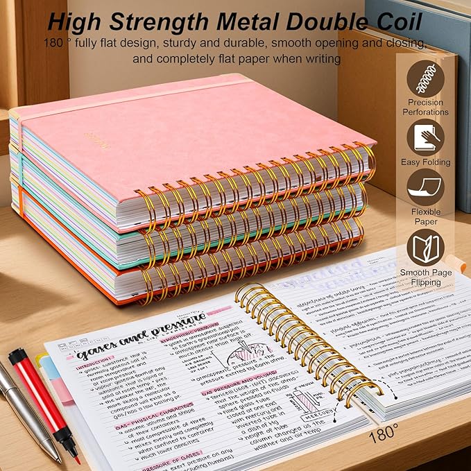 Hardcover Spiral Notebook 8.5"x11" Journal Notebook with Tabs and Removable Dividers 300 Pages 5 Subject Notebook College Ruled, Faux Leather Spiral Bound Notebook for Women School Work(White)