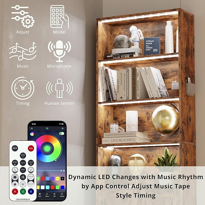 IRONCK Tall Bookcase with LED Lights, 70 in Industrial Bookshelves and Bookcases with Doors, 6 Shelf Display Storage Shelves Floor Standing for Home Office, Living Room, Bedroom