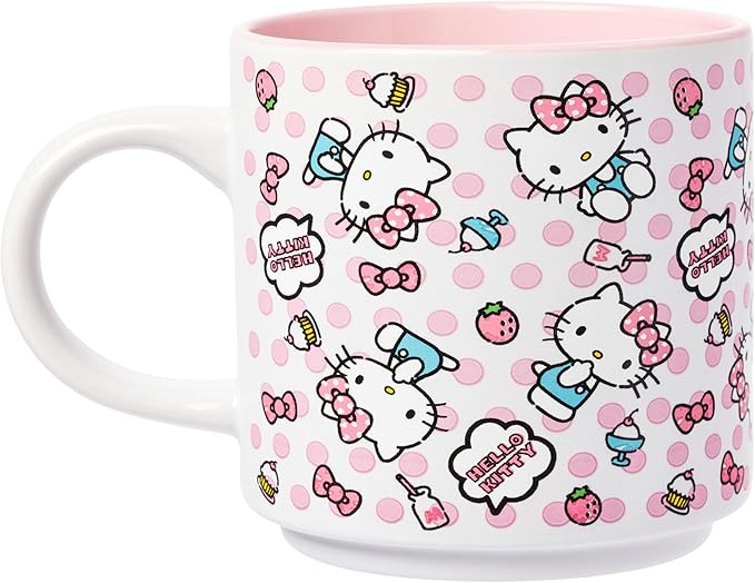 Silver Buffalo Hello Kitty Polka Dot Food Scribble Single Stackable Ceramic Mug, 13 Ounces