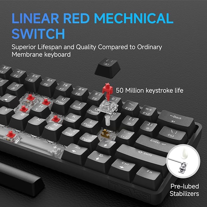 TMKB T61SE 60% Mechanical Gaming Keyboard, Linear Red Switch, LED Backlit, Double-Shot keycap, Anti-Ghosting, Detachable USB-C, Wired Computer Keyboard for Windows Laptop PC Gamer Typist, Black