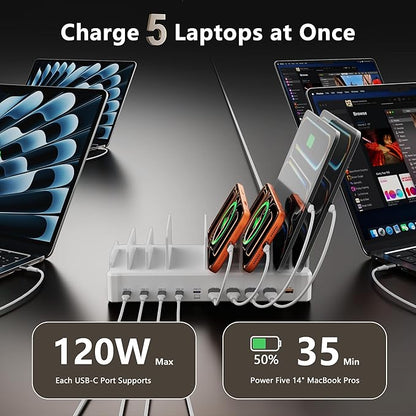 750W Charging Station for Multiple Devices, 10-Port Fast Charger, 5 USB-C 120W Each and 5 USB-A 30W Each, Desktop Charging Hub for Laptop Phone Tablet, White