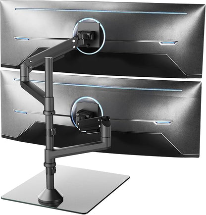 VIVO Pneumatic Arm Dual Ultrawide Monitor Desk Stand for Up to 49 inch Screens with Tempered Glass Base, Holds 2 Ultra Wides Up to 30.8 lbs, Black, STAND-V249FG