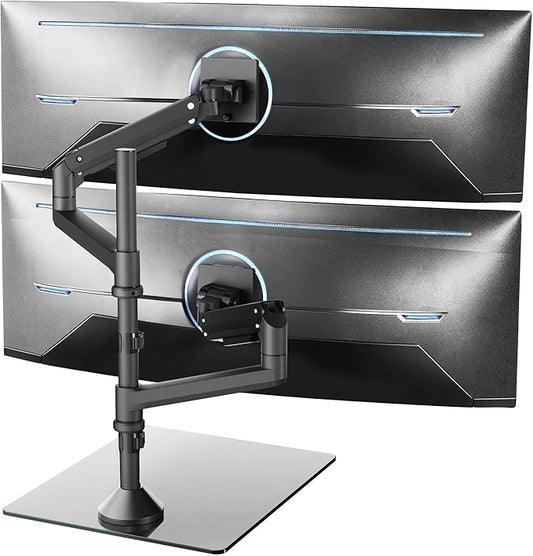 VIVO Pneumatic Arm Dual Ultrawide Monitor Desk Stand for Up to 49 inch Screens with Tempered Glass Base, Holds 2 Ultra Wides Up to 30.8 lbs, Black, STAND-V249FG