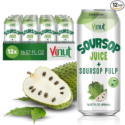 Vinut 100% Soursop Juice With Pulp (16.57 fl oz, Pack 12), No Sugar Added, Real Guanabana Soursop Graviola Drink, Fresh, Natural, Not from Concentrate (NFC)