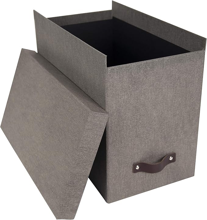 Bigso John Desktop File Box File Storage Box and Document Organizer for Important Paperwork Durable Hanging File Box with a Lid and Leather Handle 7.4’’ x 13’’ x 10.4’’ | Grey