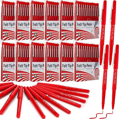 144 Pcs Red Felt Tip Pens 0.7mm Medium Point Pens Bulk, Felt Tip Markers for Journaling, Writing, Note Taking, Planner, Ideal for Office School Art Supplies Gift