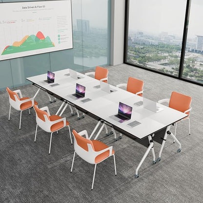 Conference Room Table, 55 Inch Folding Conference Tables with Wheels, Modern Office Meeting Table, Easy Flip & Nest Design, Rectangular Seminar Tables with Metal Frame for 2-24 People(H 6PCS)