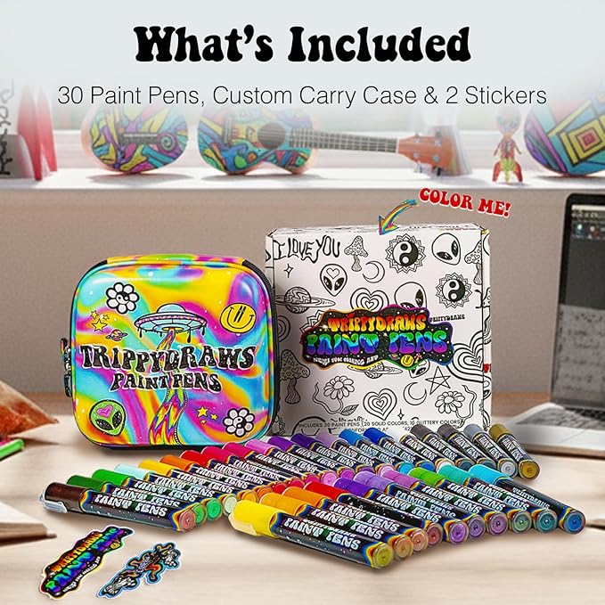 trippydraws 30 Premium Acrylic Paint Markers for Adults, Teens & Kids, Vibrant Paint Pens w/Trippy Carry Case, Smooth, Non-Toxic, Quick-Dry Colors for Scrapbooking, Drawing & Journaling Projects
