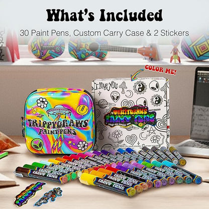 trippydraws 30 Premium Acrylic Paint Markers for Adults, Teens & Kids, Vibrant Paint Pens w/Trippy Carry Case, Smooth, Non-Toxic, Quick-Dry Colors for Scrapbooking, Drawing & Journaling Projects