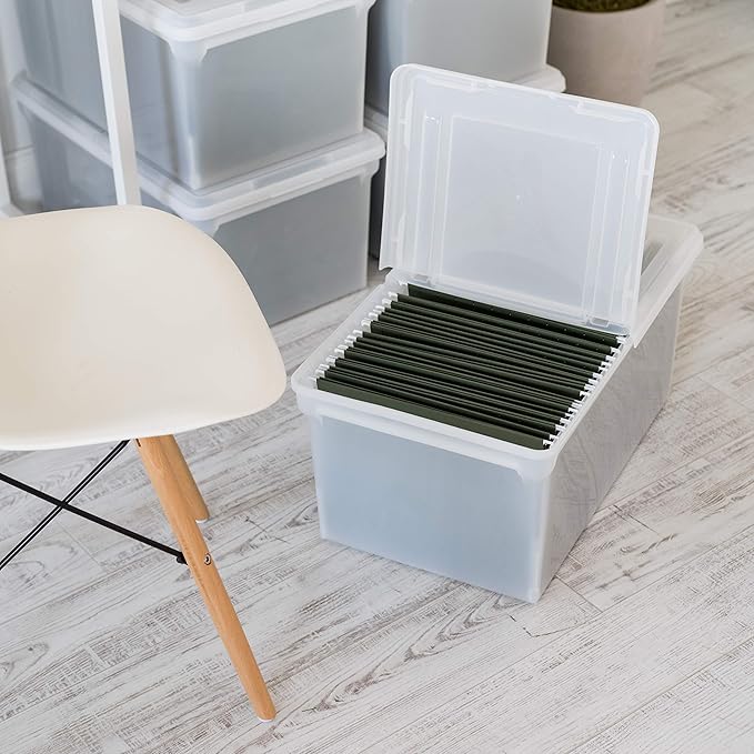 IRIS USA File Box File Organizer w/Hinged Split Latching Lid for Letter/Legal File, Water Resistant Document Box, BPA-Free, Plastic Storage Bin Tote Organizer, Stackable, Nestable, Clear 44 Qt. 5Pack