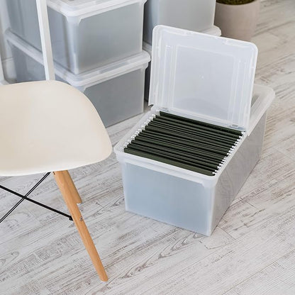 IRIS USA File Box File Organizer w/Hinged Split Latching Lid for Letter/Legal File, Water Resistant Document Box, BPA-Free, Plastic Storage Bin Tote Organizer, Stackable, Nestable, Clear 44 Qt. 5Pack