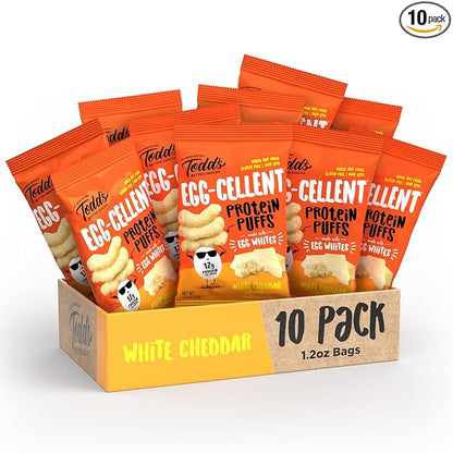 Todd's Better Snacks Egg-Cellent Protein Puffs, White Cheddar – 12g Protein, Gluten-Free, Paleo-Friendly, Baked, GLP-1 Compliant – Healthy Snack, Made with Egg Whites – 1.2 Oz (Pack of 10)