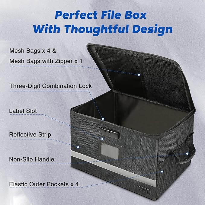 Fireproof Document Box with Lock, Waterproof File Safe Box Anti-Static Collapsible Portable Office Home File Cabinet with Reflective Strip for important Hanging Letter & Legal Folder Certificate
