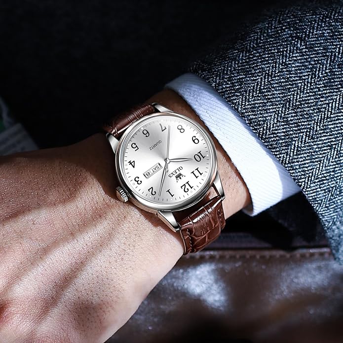 Men's Casual Leather Watch, Easy to Read Three-Hand Analog Stainless Steel Watches for Men, Minimalist Day Date Waterproof Luminous Mens Quartz Wristwatch