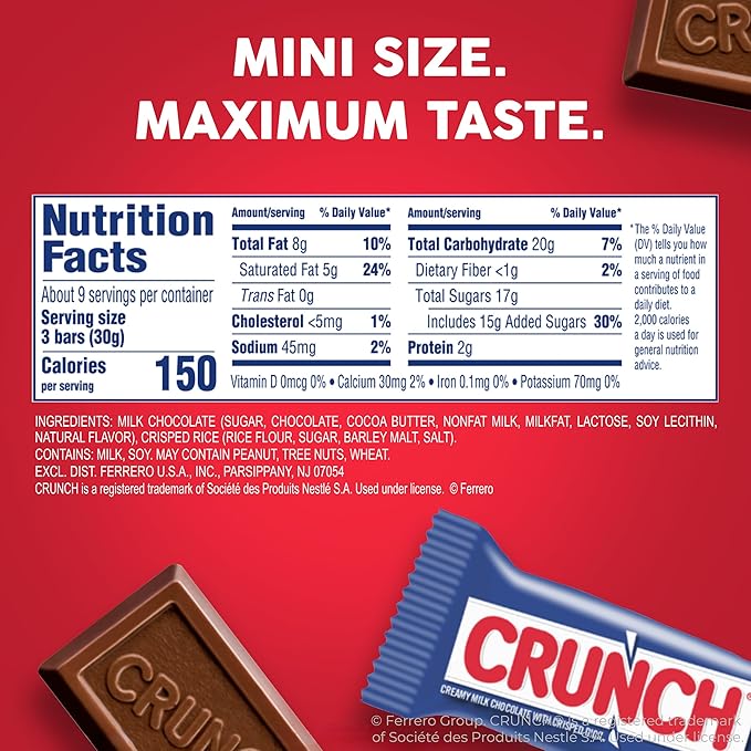 CRUNCH Minis, Bulk 8 Pack, Milk Chocolate and Crisped Rice, Individually Wrapped Candy Bars, Resealable Share Size, 9.8 oz Each