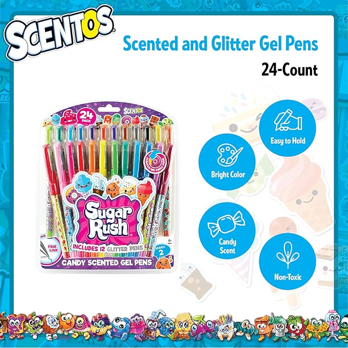 Scentos Scented Gel Pens - 24-Count - Assorted Color Pens for Kids or Adults in Sugar Rush Candy Scents - Cool Writing & Journaling Gift Idea