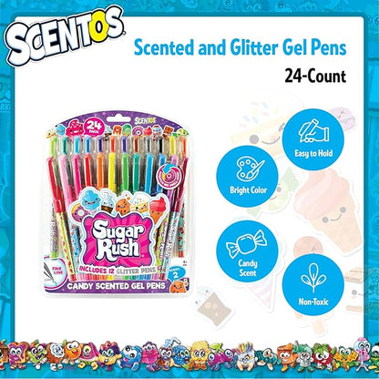 Scentos Scented Gel Pens - 24-Count - Assorted Color Pens for Kids or Adults in Sugar Rush Candy Scents - Cool Writing & Journaling Gift Idea