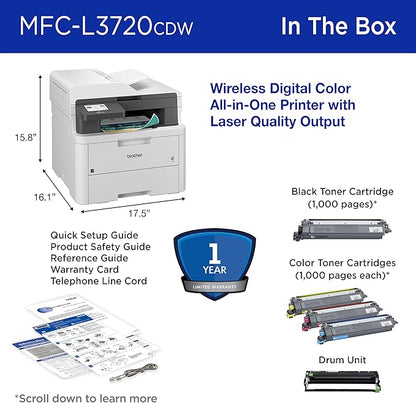 Brother Color Laser Printer All-in-One with Scanner, Copier and Fax - Professional Wireless Business Printer with Auto Duplex and 250-Sheet Capacity for Small Office (MFC-L3720CDW)