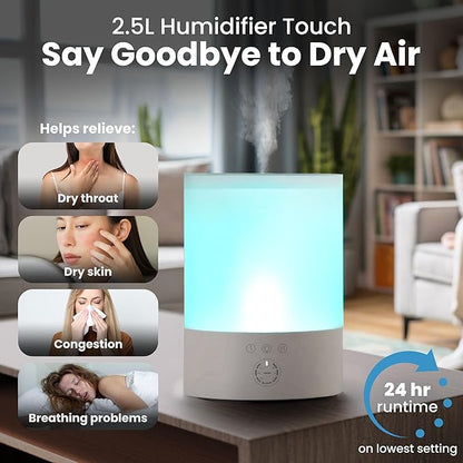 Everlasting Comfort 2.5L Top Fill Humidifiers for Bedroom, 2.5L - Quiet Easy to Fill & Clean, 24HR Runtime, Night Lights, Timer, Ultrasonic Cool Mist Humidifier, Auto Shut-Off, Essential Oil Diffuser
