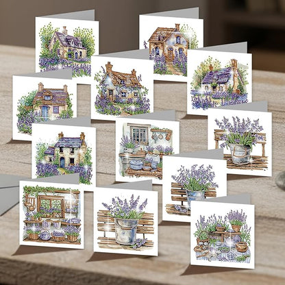 jinglinhh 12pcs Diamond Art Painting Lavender Flower House Bench Greeting Cards with Envelopes, DIY Card Making Kits for Adults, Diamond Art Postcards Christmas Cards Craft Gifts