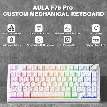 AULA F75 Pro Wireless Mechanical Keyboard with Knob,75% Hot Swappable Custom Gaming Keyboards,RGB Backlit,Pre-lubed Switches,Side Printed PBT Keycaps Creamy Sounding Computer Keyboard, Line White