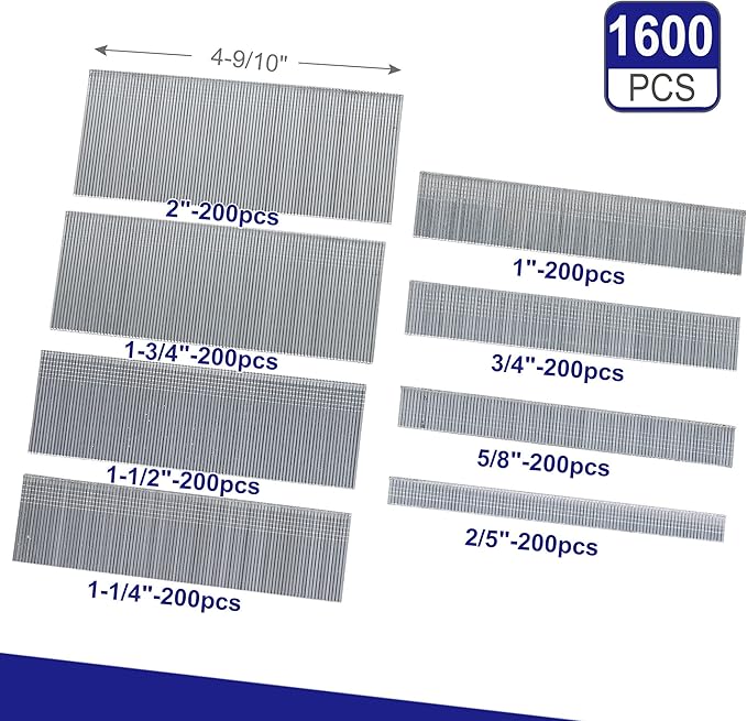 HW HAMWOO 18 Gauge 1600PCS Galvanized Brad Nails (2/5"-200,5/8"-200,3/4"-200,1"-200,1-1/4"-200,1-1/2"-200,1-3/4"-200,2"-200), Suitable for Most Brand of 18 Gauge Pneumatic and Electric Brad Nailer