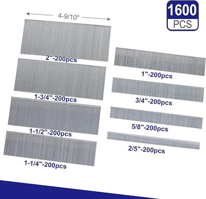 HW HAMWOO 18 Gauge 1600PCS Galvanized Brad Nails (2/5"-200,5/8"-200,3/4"-200,1"-200,1-1/4"-200,1-1/2"-200,1-3/4"-200,2"-200), Suitable for Most Brand of 18 Gauge Pneumatic and Electric Brad Nailer
